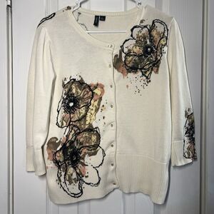 Relativity Women's Large Cotton Cardigan Floral Art To Wear Abstract 3/4 Sleeve